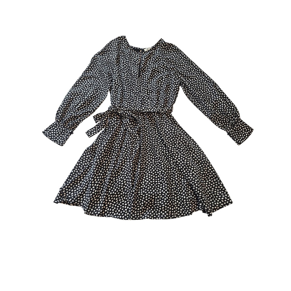She + Sky Mini Dress Womens‎ Small Black White Long Sleeve Tie Waist Fit Flare